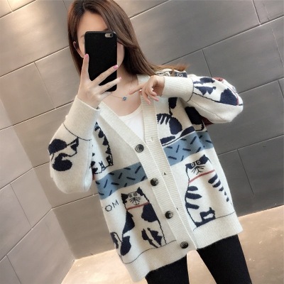 Full body cartoon cat jacquard sweater jacket for women spring Korean style V-neck single-breasted loose lazy knitted cardigan