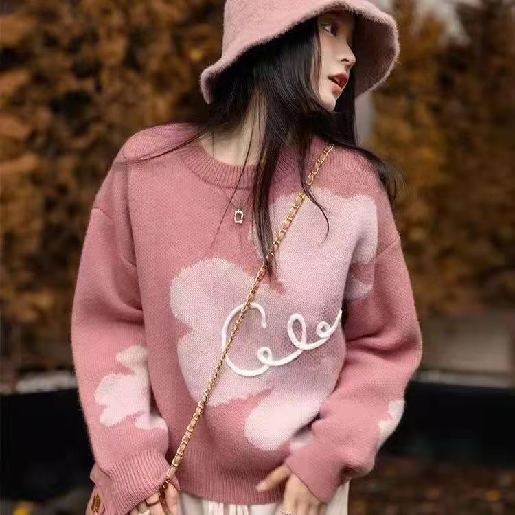 謎秀毛衣女秋冬季韓版寬鬆保暖圓領印花上衣外套針織衫女