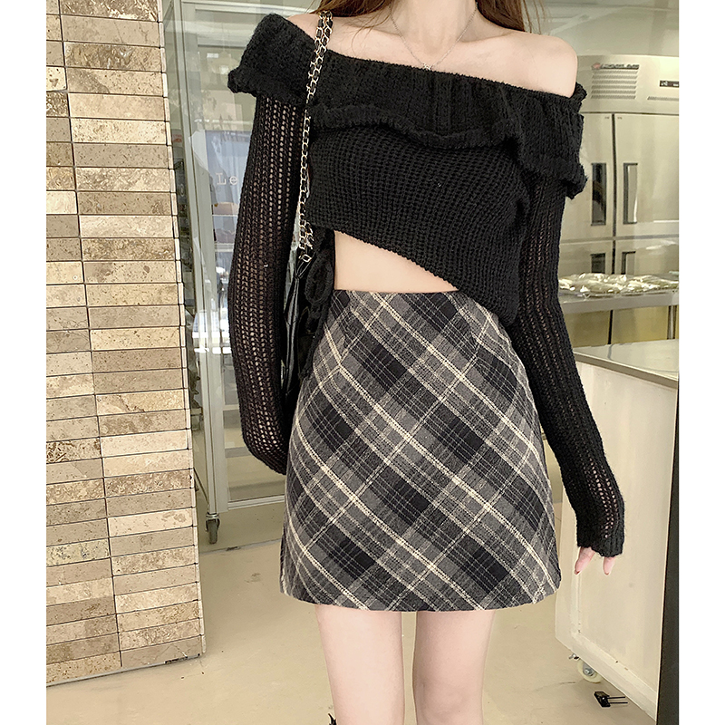Real shot of plaid skirt for women, high-waisted, slimming and hip-hugging short skirt, woolen retro a-line skirt