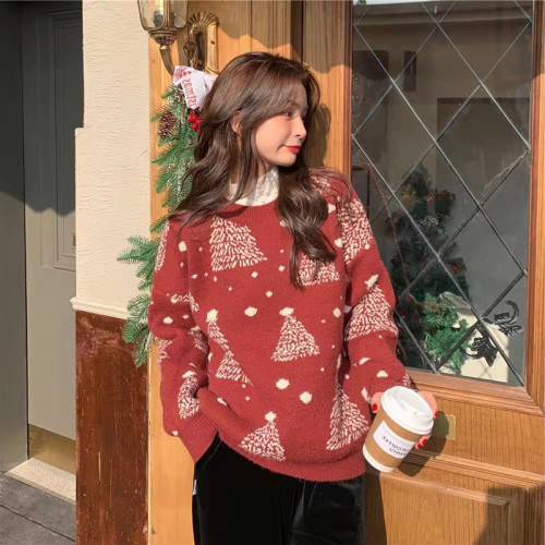 Korean style loose and slim round neck super hot long-sleeved snowflake Christmas and New Year sweater for women thickened warm outer sweater