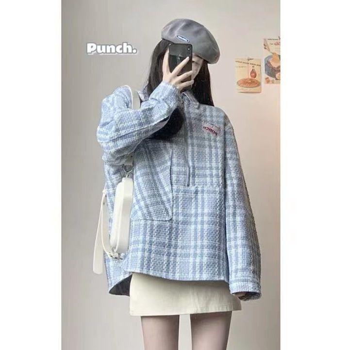 Women's polo collar blue fragrant jacket