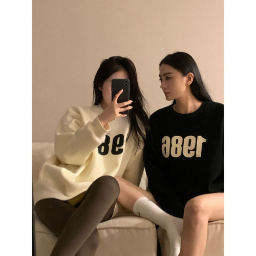 Women's autumn and winter loose and lazy top with velvet and thickened letter print hooded sweatshirt