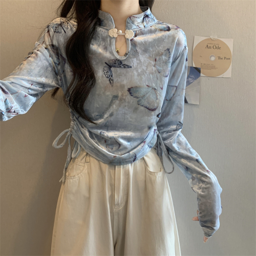 Actual shot of new Chinese-style plate button printed velvet long-sleeved T-shirt for women with pleated slim short bottoming top