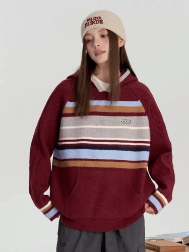 Contrast color striped sweater women's autumn and winter new style lazy style hooded loose student long-sleeved sweater top