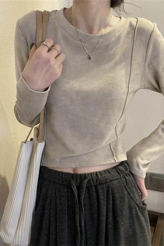 Real shot of autumn and winter round neck long-sleeved tops for women, slim-fitting inner layering shirts, velvet thickened T-shirts, short styles
