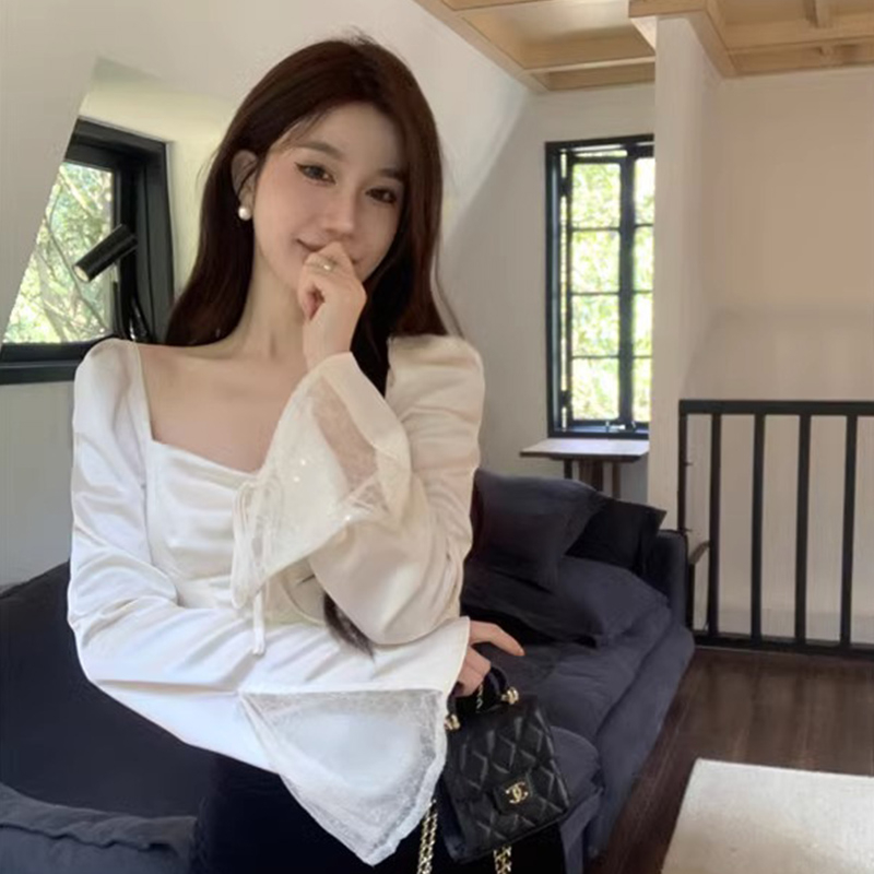 Official picture shirt women's design niche shirt spring and summer white short square collar temperament long-sleeved top