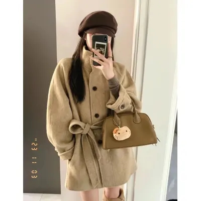French stand-up collar double-sided woolen coat for women winter new style small versatile high-end temperament thickened woolen coat