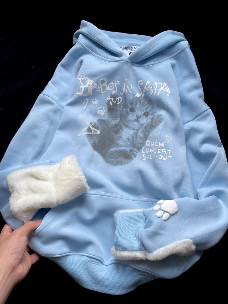 Cat ears cartoon hooded sweatshirt for women in autumn and winter with loose design, Chinese cotton composite milk silk + silver fox velvet