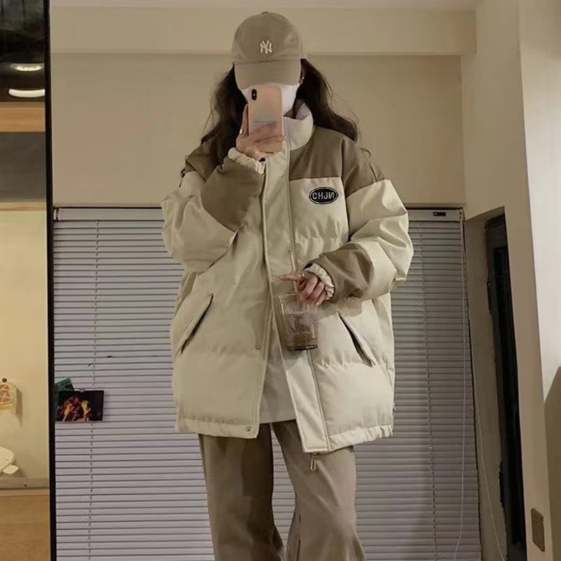 American retro apricot stand collar cotton jacket for women in winter 2023 new thickened oversize warm down jacket trend