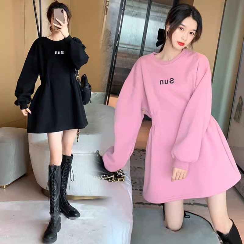 大碼女裝秋冬季中長款收腰顯瘦加厚加絨衛衣裙連衣裙胖mm200斤300