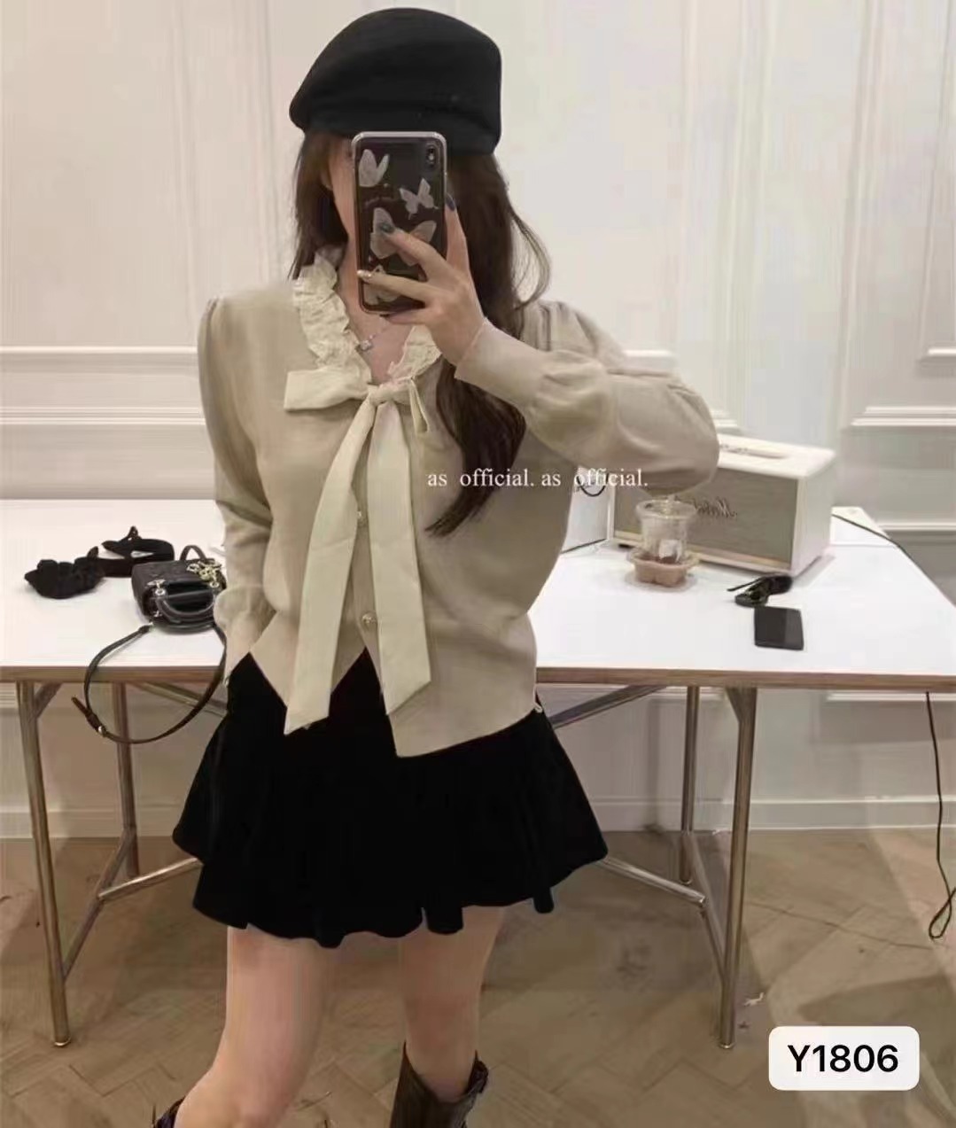 French fungus edge stitching butterfly lace knitted cardigan for women winter thickened exquisite small fragrance sweater jacket