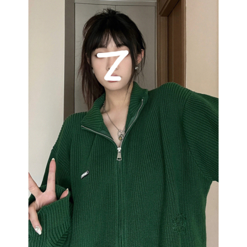 Green sweater women's new autumn and winter loose American retro lapel niche hiphop trendy brand zipper top jacket