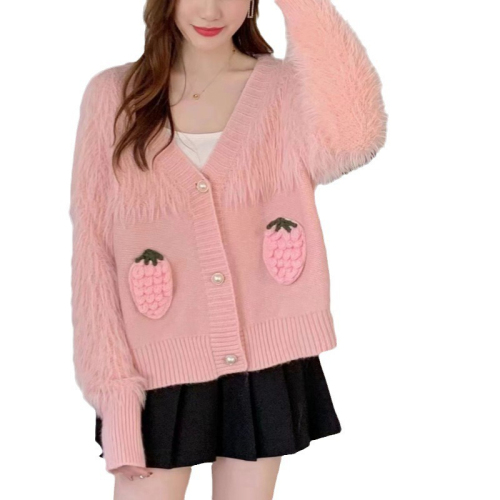 Autumn new imitation mink velvet hand hook sweet strawberry embroidery sweater jacket loose V-neck short knitted cardigan for women