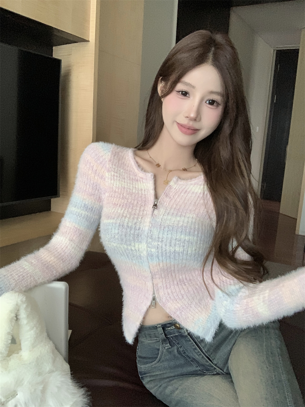 Actual shot ~ Korean style dopamine sweet plush double-ended zipper short slim slim long-sleeved knitted cardigan