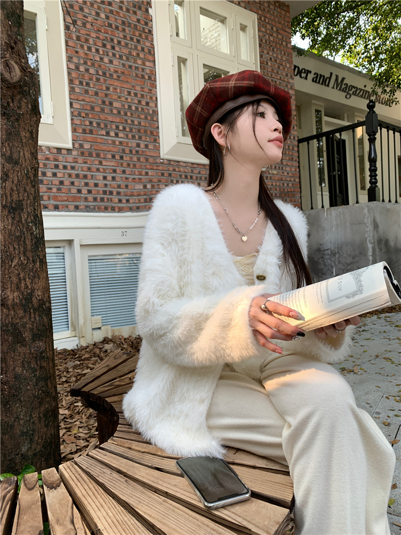 Real shot of imitation mink hair Korean style ins lazy style soft sweater knitted cardigan