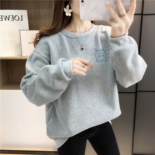 Actual shot of 190g autumn and winter pullover loose casual class clothes plus velvet and thickened printed round neck sweatshirt for women