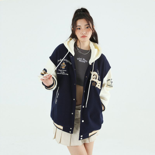 American retro baseball uniform jacket for women new autumn and winter oversize student loose hooded jacket