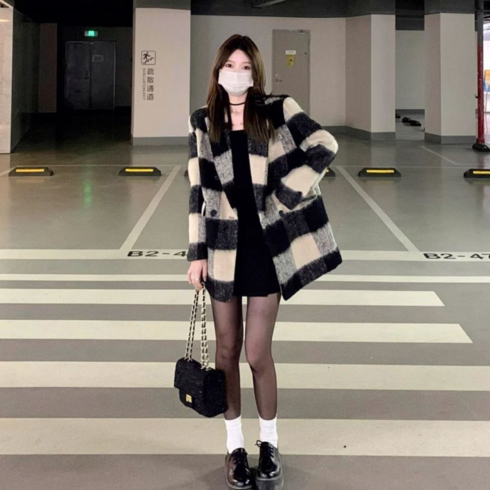 Plaid woolen suit jacket for women 2023 new autumn and winter Korean style British style loose woolen casual thickened coat