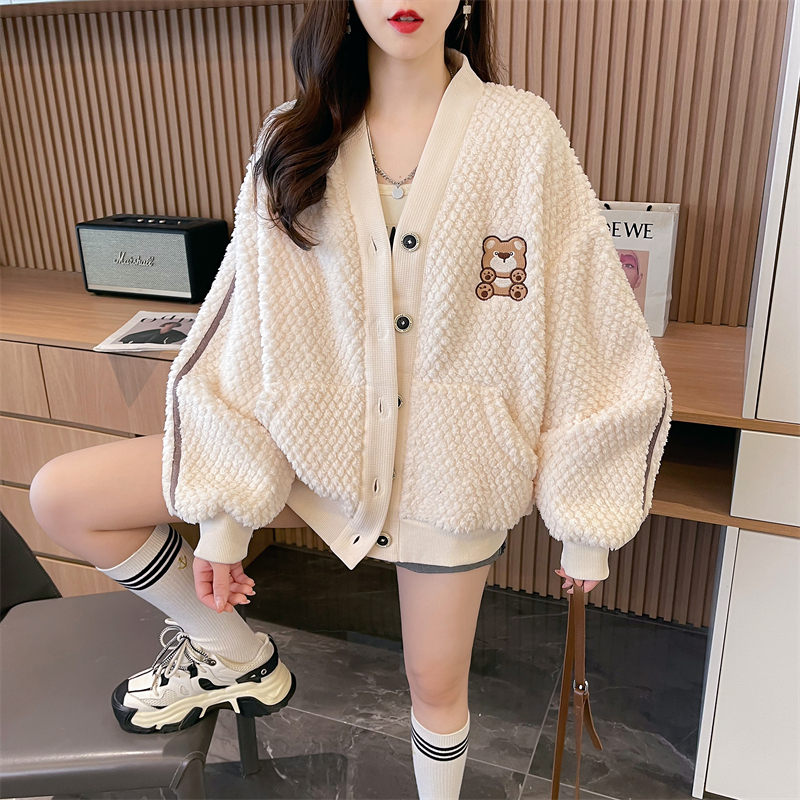 Actual shot-winter double-sided velvet jacket, lamb velvet solid color, girly style button sweater jacket, trendy women