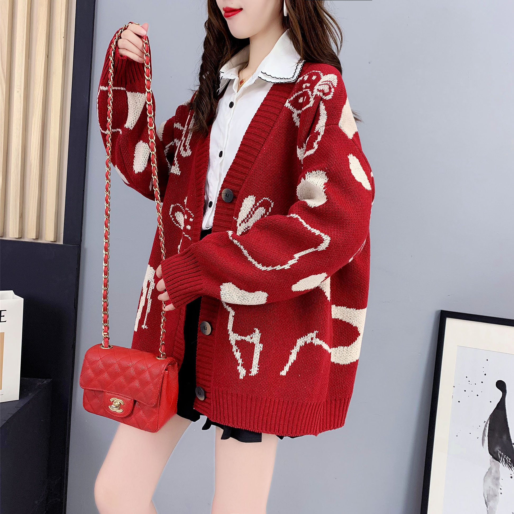 Real shot Korean cartoon sweater cardigan for women mid-length 2023 new loose lazy style knitted jacket spring and autumn
