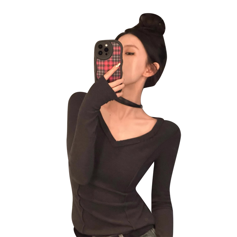 High elastic ribbed German velvet sexy hot girl v-neck splicing long-sleeved T-shirt women's niche design top
