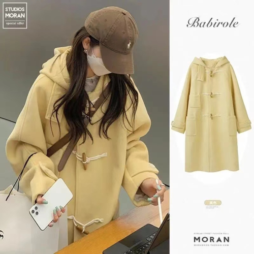 Woolen coat women's autumn and winter new niche college style small loose long hooded horn button woolen coat