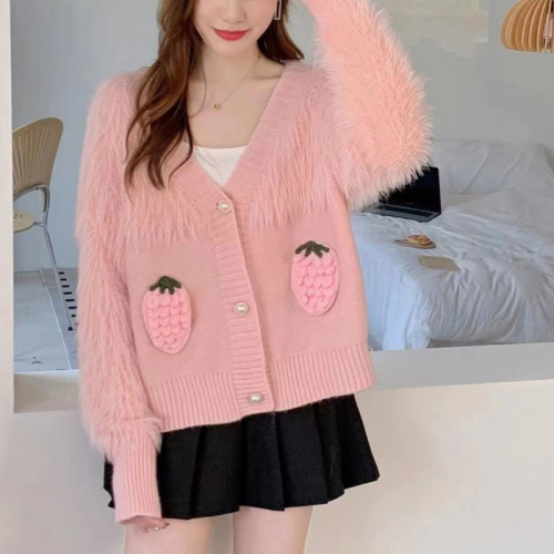 Autumn new imitation mink velvet hand hook sweet strawberry embroidery sweater jacket loose V-neck short knitted cardigan for women