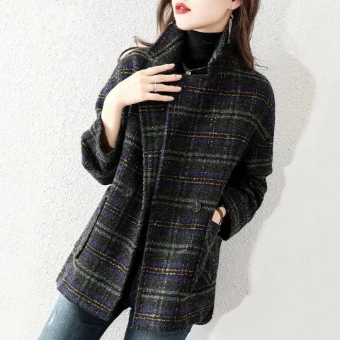 New plaid suit woolen coat autumn and winter women's Korean style loose retro plaid woolen coat mid-length