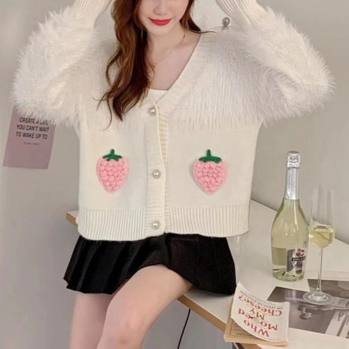 Autumn new imitation mink velvet hand hook sweet strawberry embroidery sweater jacket loose V-neck short knitted cardigan for women