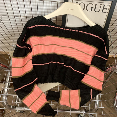 Beautiful and chic sweater autumn new women's contrast striped casual versatile stretch pullover long-sleeved short top