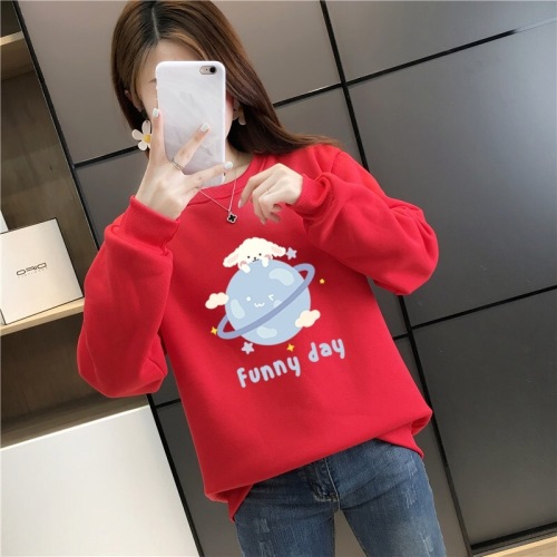 Actual shot of 190g autumn and winter pullover loose casual class clothes plus velvet and thickened printed round neck sweatshirt for women