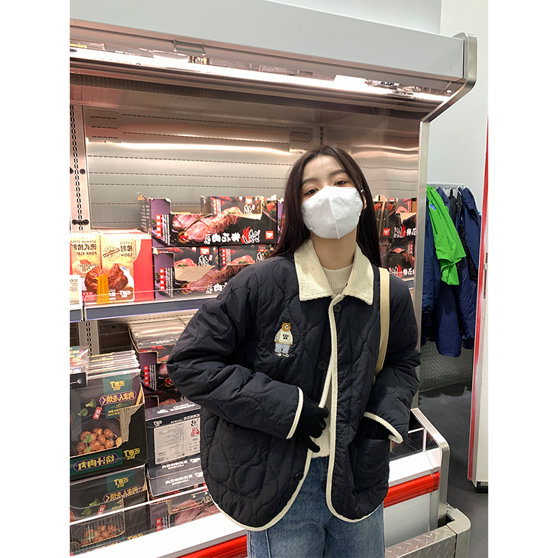 Women's Cotton Jacket 2023 Winter Loose Contrast Color Splicing Lapel Korean Style New Diamond Pattern Cotton Jacket Bear Cotton Jacket