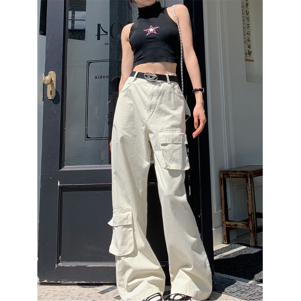 American overalls, casual pants, women's autumn high-waisted, slim and drapey floor-length wide-leg pants, trendy long pants