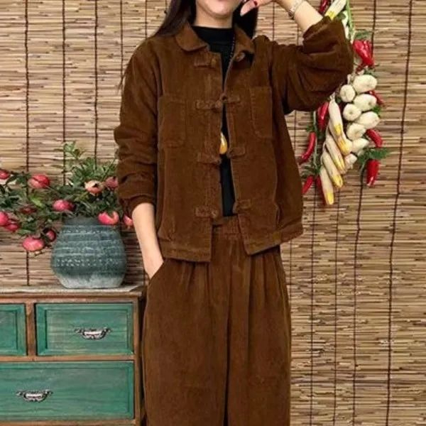 Plush corduroy suit for women 2023 autumn and winter new fashion loose slim casual warm and western style two-piece set