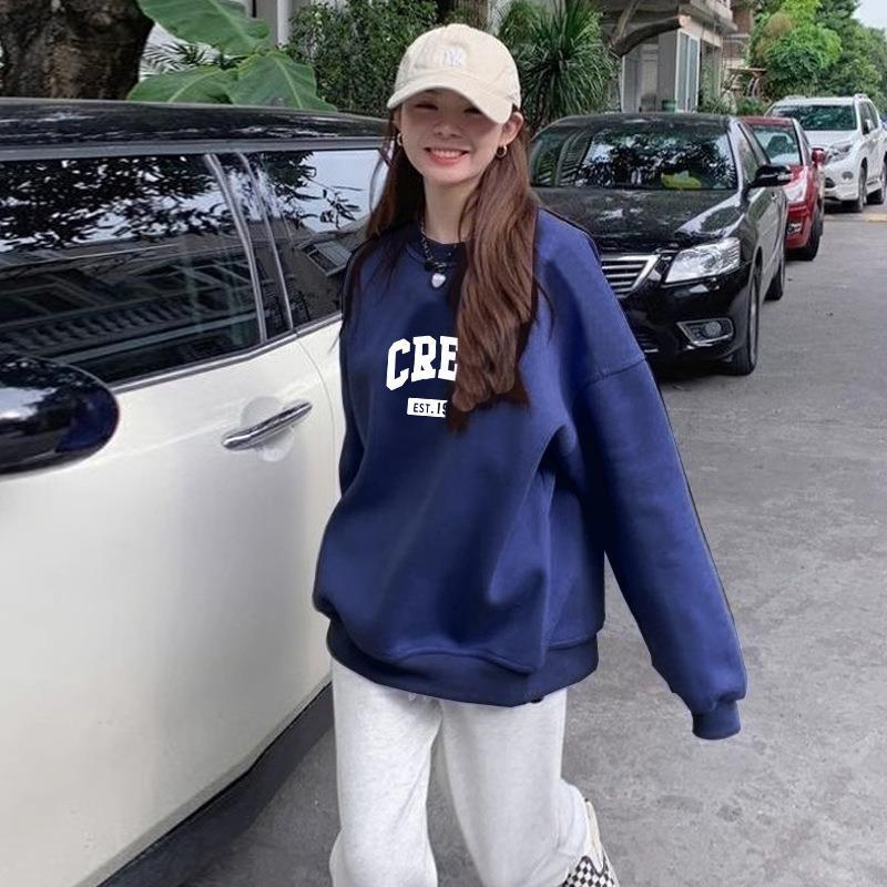 Thick velvet letter round neck sweatshirt women's loose versatile student top autumn