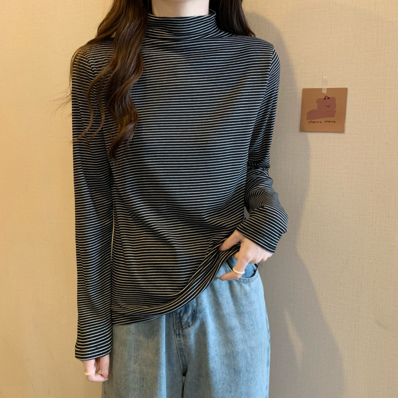 Actual shot ~ Autumn and winter new Korean version versatile pinstripe half-turtle collar brushed thickened warm long-sleeved base T-shirt