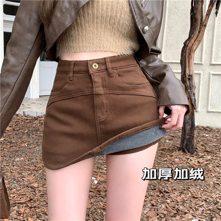 Real shot!  Velvet thickened high-waisted A-line denim skirt for women autumn and winter anti-exposure pants skirt