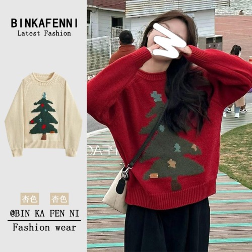 Christmas tree print contrasting color round neck pullover sweater for women autumn and winter loose outer wear long-sleeved sweater with atmosphere