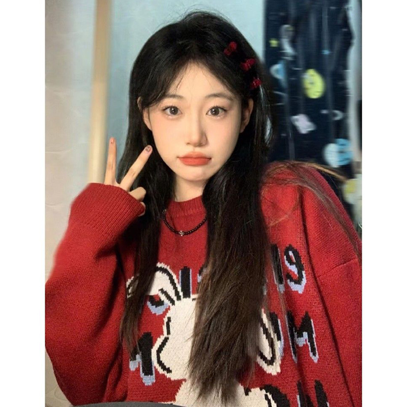 Cute rabbit red sweater pullover for women in autumn and winter loose Japanese long-sleeved knitted bottoming shirt for women to wear outside
