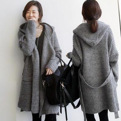New autumn and winter women's Korean style hooded belt loose mid-length thick stick sweater cardigan sweater jacket for women