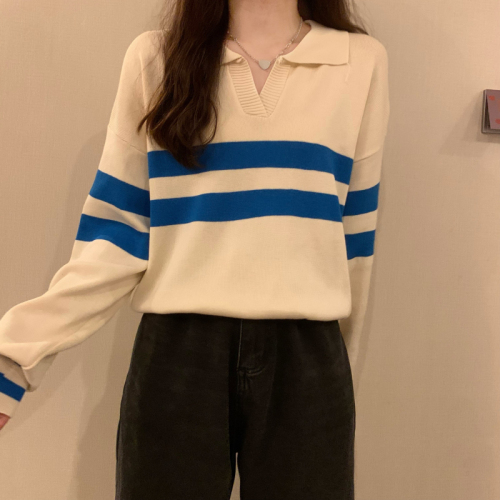 Actual shot of Korean style Polo collar long-sleeved sweater for women striped loose sweater