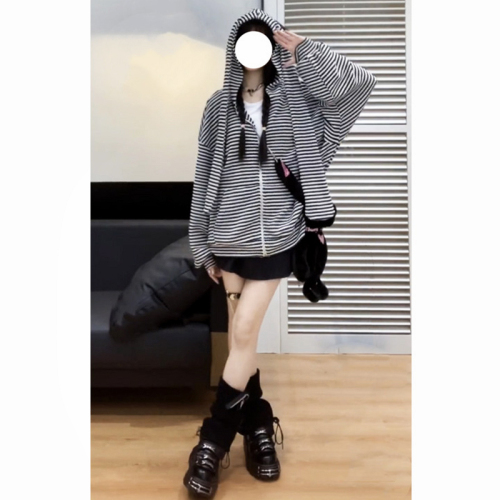 Striped Rabbit Ears Hooded Knitted Jacket Women's Spring and Autumn Thin Sweater Loose Cardigan Jacket  New Style