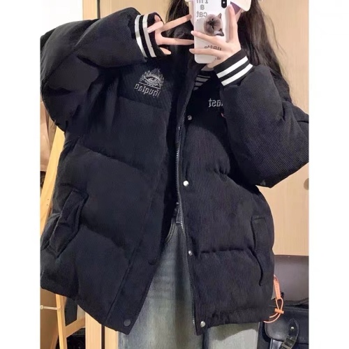 Black corduroy cotton coat for women in winter American trendy brand splicing cotton coat loose and versatile thickened student cotton coat