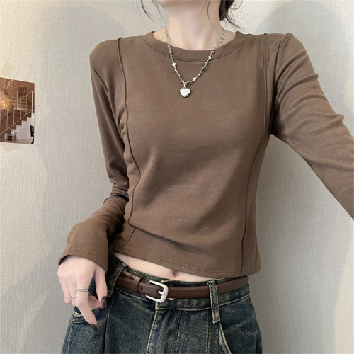 Real shot of autumn and winter round neck long-sleeved tops for women, slim-fitting inner layering shirts, velvet thickened T-shirts, short styles