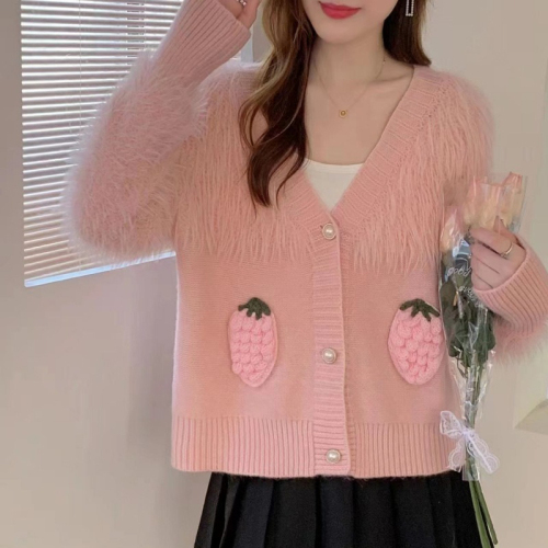 Autumn new imitation mink velvet hand hook sweet strawberry embroidery sweater jacket loose V-neck short knitted cardigan for women