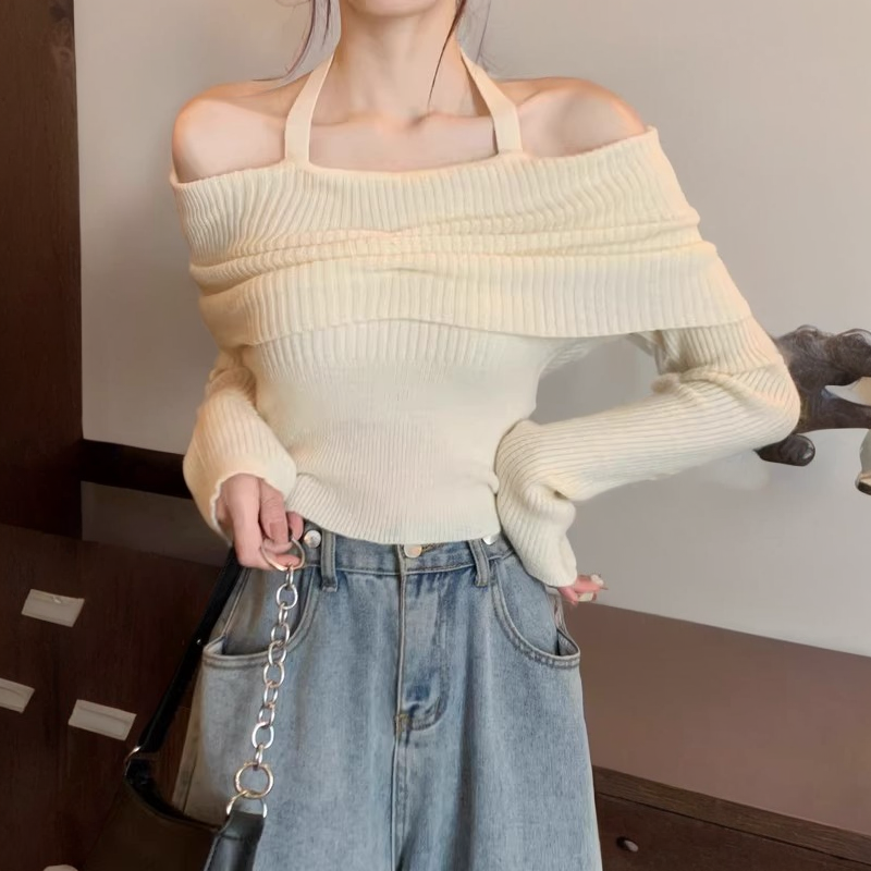 Pure Desire Halter Neck Sweater Women's Autumn Sweater One Shoulder Long Sleeve Bottoming Shirt Hot Girl Sexy Off-Shoulder Short Top