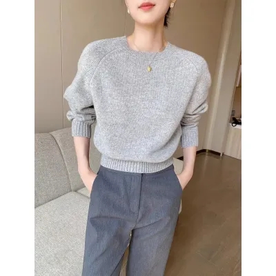 法式灰色圓領簡約針織衫女裝2023秋季新款慵懶風長袖套頭毛衣