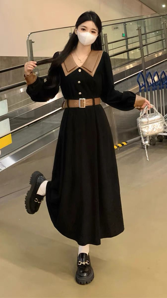 Plus Size Women's Clothing 2023 Autumn and Winter New Corduroy Dress Women's Retro Little Black Skirt Spliced ​​PU Leather Lapel Long Skirt