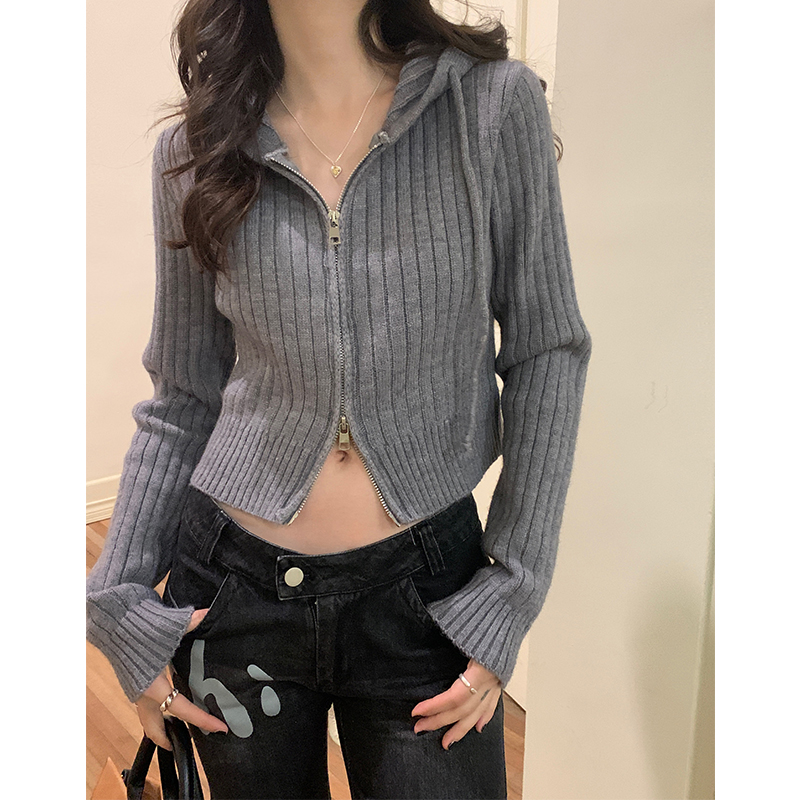 Real shot striped short zipper sweater cardigan autumn and winter sweet and spicy style hooded solid color sweater top for women