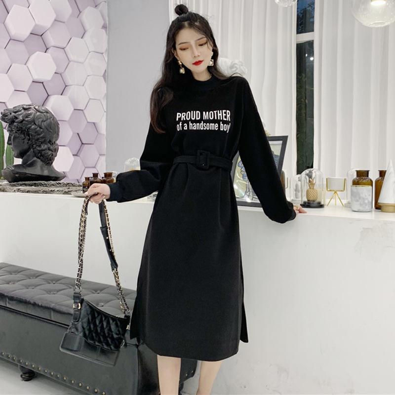 Dress 2023 Autumn and Winter New Korean Style Retro Versatile Slit Waist Knee Mid-Length Women's Sweater Dress